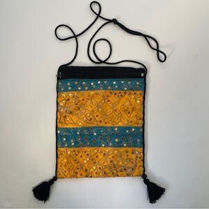 Embroidered Gold and Turquoise Crossbody Bag
